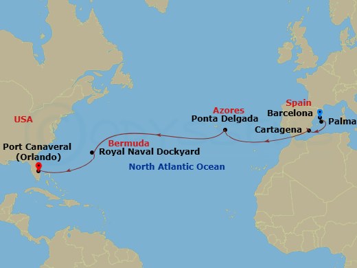 13 Night Spain, & Bermuda Transatlantic Route Map