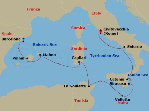 Spain & Italy Cruise: Barcelona, Salerno & Rome Route Map