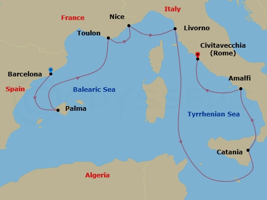 8 Night Italy, Spain & French Riviera Route Map