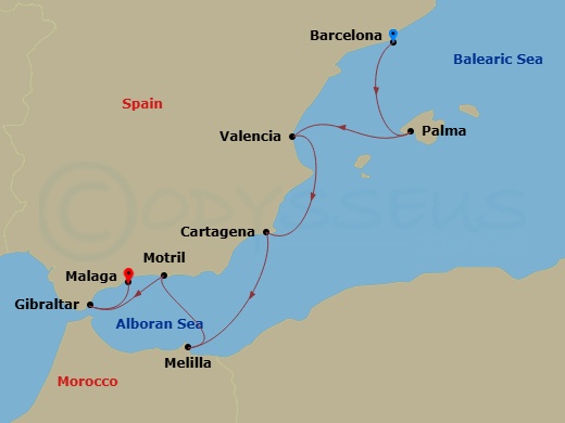 Spain Intensive Cruise: Barcelona, Valencia & Malaga Route Map