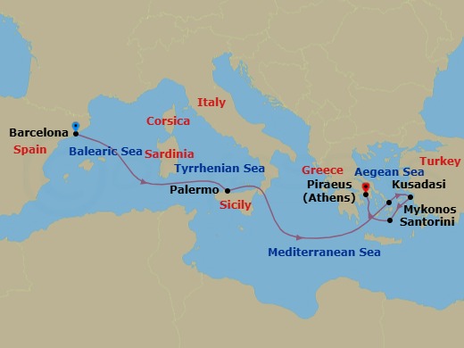 7 Night Best Of Greece & Sicily Cruise Route Map