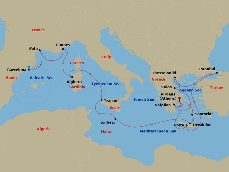 19 Night Mediterranean Voyage Route Map