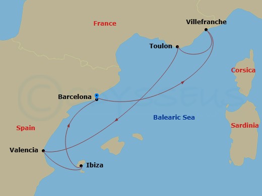 French Riviera, Spain & Ibiza Overnight Route Map