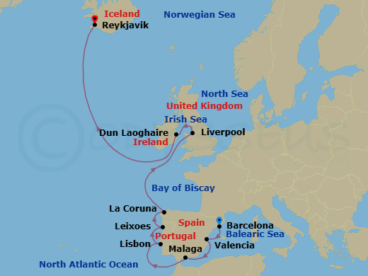 Iceland, British Isles & Iberia Route Map