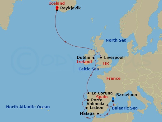 Iceland, British Isles & Iberia Route Map