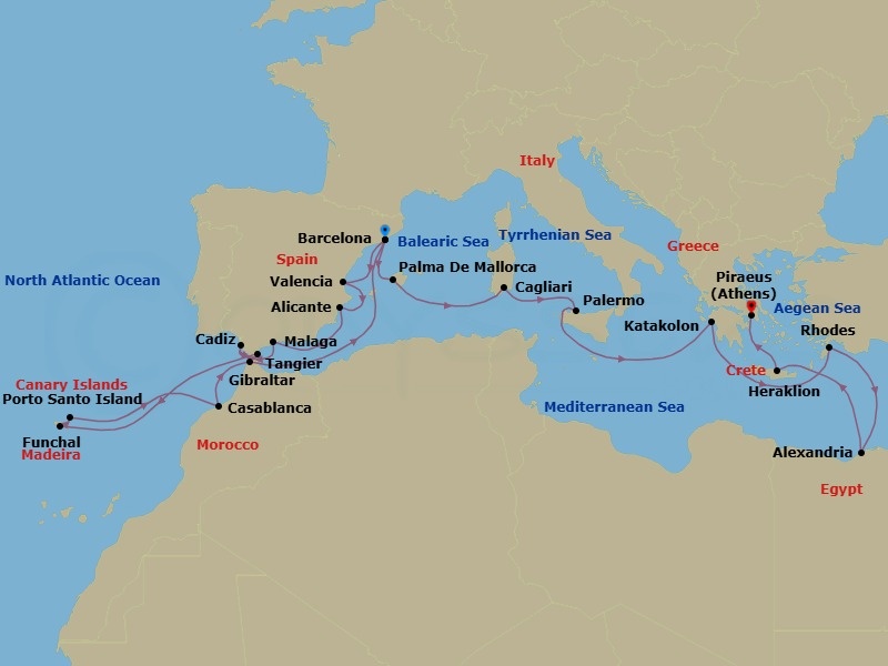 27 Night Mediterranean Voyage Route Map