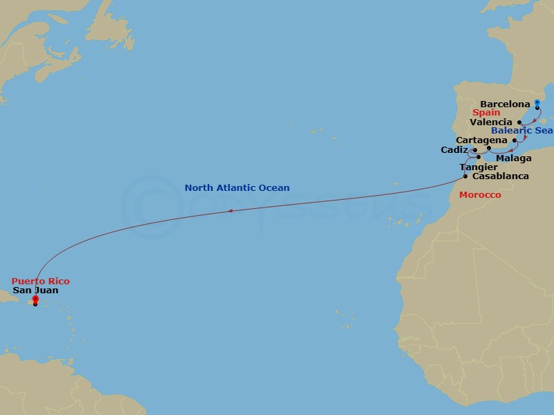 14 Night Spain & Morocco Transatlantic Route Map