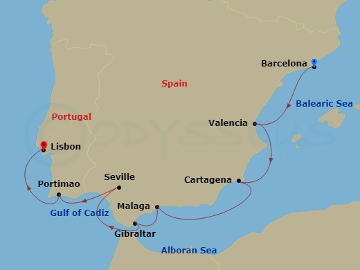 Spain Intensive Cruise: Barcelona, Malaga & Seville Route Map