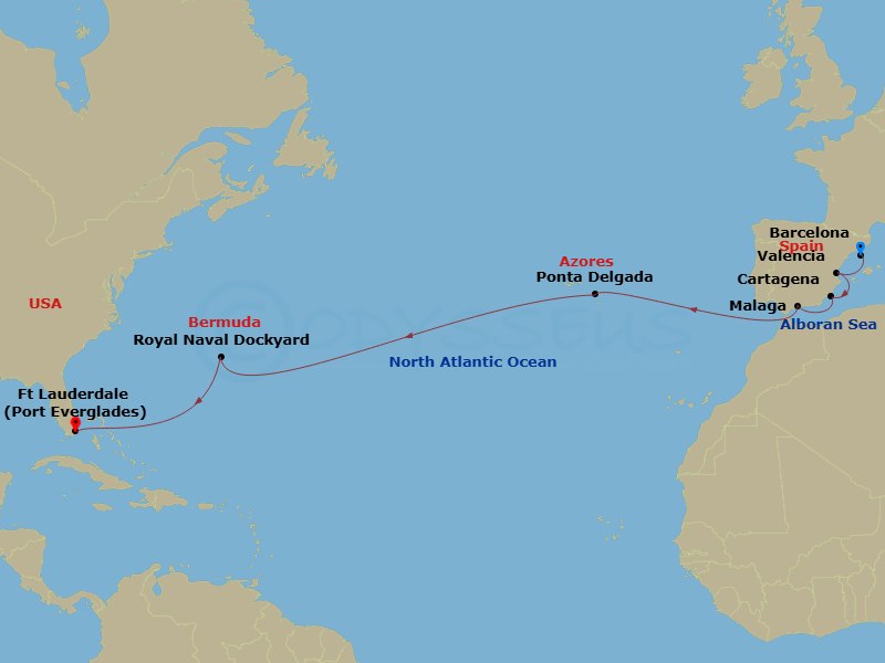 14 Night Spain & Bermuda Transatlantic Route Map