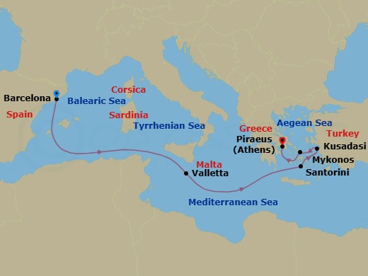 7 Night Greek Isles & Malta Cruise Route Map