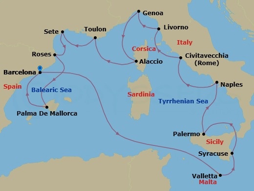17 Night Southern Europe Voyage Route Map