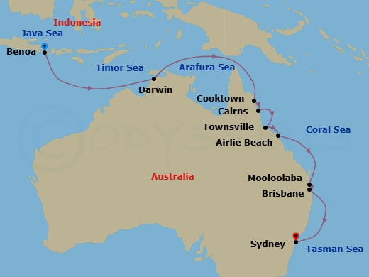 Bali & Australia Cruise: Darwin, Great Barrier Reef & Sydney Route Map