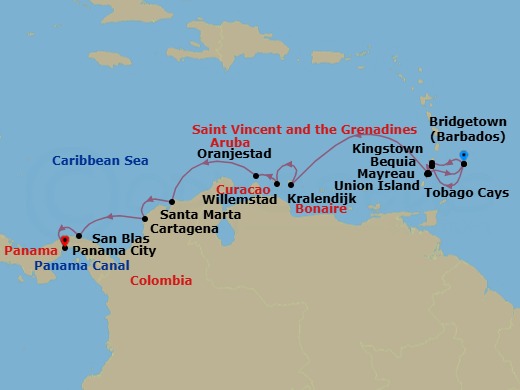 Discover Barbados, Panama & Costa Rica Route Map