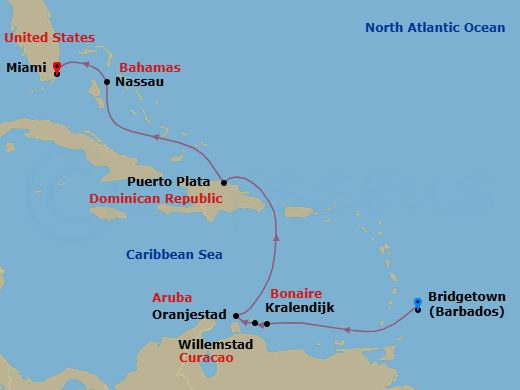 Southern Caribbean New Year's Cruise: Aruba, Bonaire & Curaçao Route Map