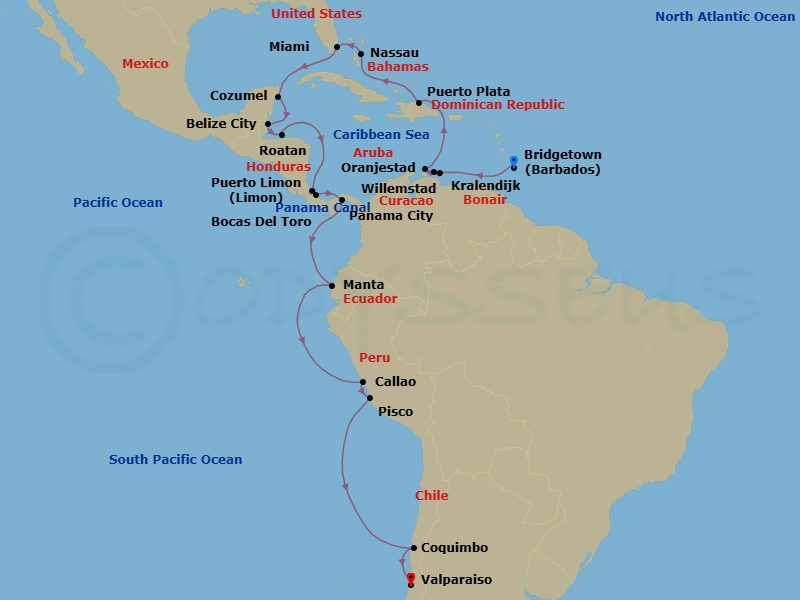 Caribbean, Central America & Peru Combination Cruise: Aruba, Miami & Panama Canal Route Map