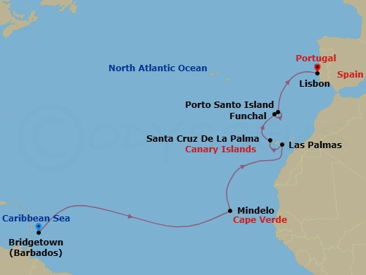 Bridgetown To Lisbon Route Map