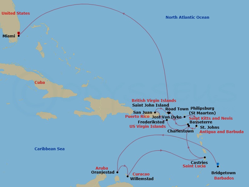 Caribbean Combination Cruise: Aruba, Curaçao & Saint Lucia Route Map