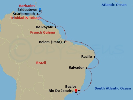 2027 Rio Carnaval Cruise: Bridgetown, Ile Royale & Rio De Janeiro Route Map