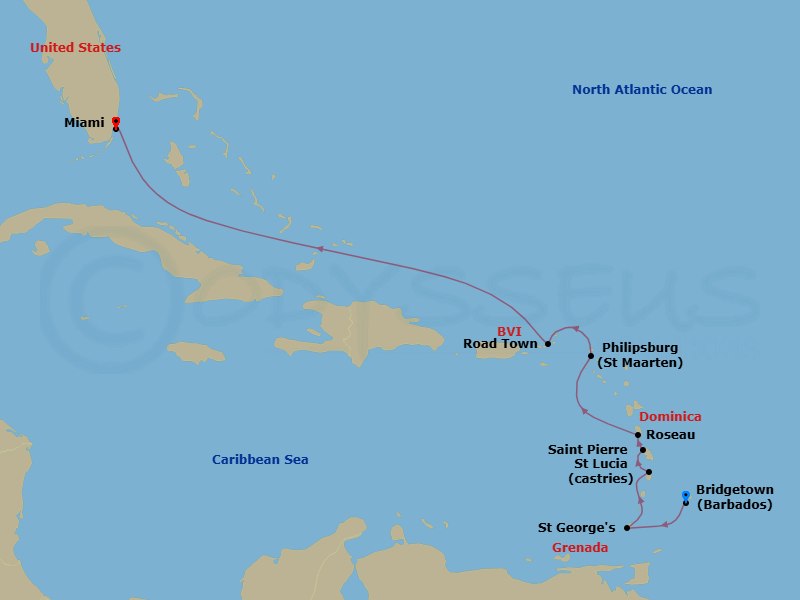 Southern Caribbean Cruise: Grenada, Saint Lucia & Martinique Route Map