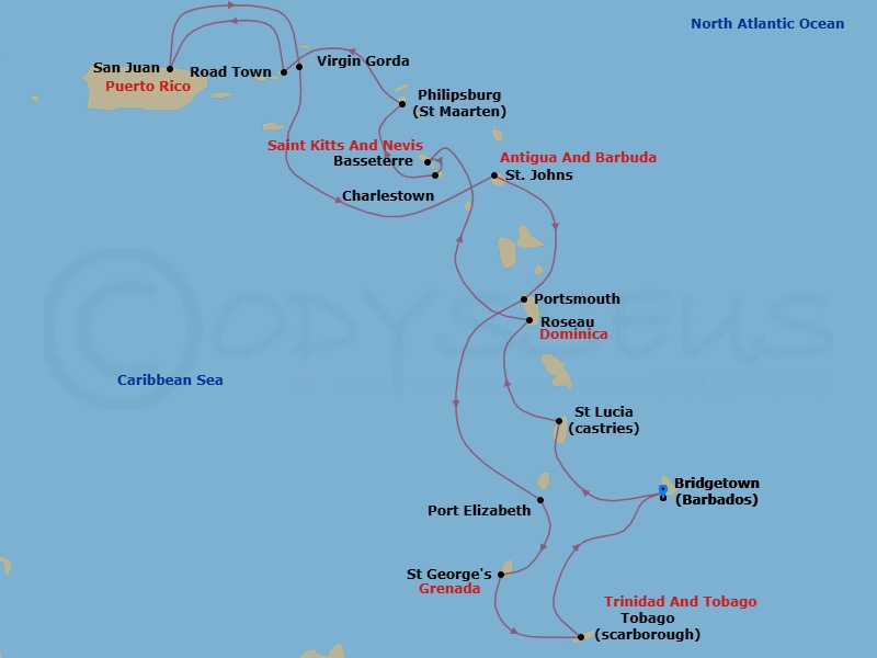 Caribbean Combination Cruise: Dominica, Bequia & Grenada Route Map