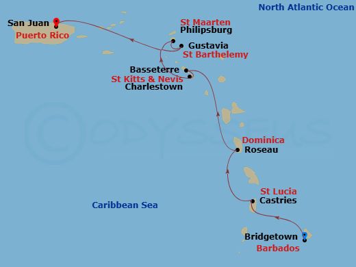 Eastern Caribbean Cruise: Saint Kitts, Nevis & Saint Barthélemy Route Map