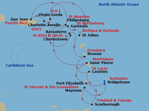Caribbean Combination Cruise: Barbados, St. Lucia & St. Thomas Route Map