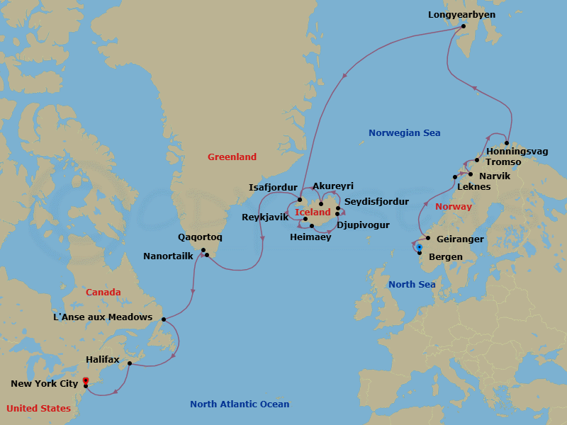 Greenland, Iceland, Norway & Beyond Route Map