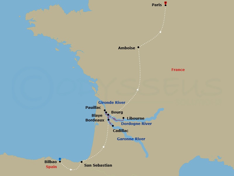 7 Night Taste Of Bordeaux (Taste Of Christmas) With 2 Nights Bilbao, 2 Nights San Sebastian Pre-Cruise And 2 Nights Loire Valley, 1 Night Paris Charles De Gaulle Post-Cruise Route Map