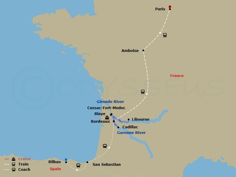 7 Night Taste Of Bordeaux With 2 Nights Bilbao, 2 Nights San Sebastian Pre-Cruise And 3 Nights Paris Post Cruise Route Map