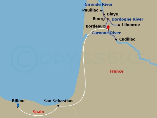7 Night Taste Of Bordeaux (Taste Of Christmas) With 2 Nights Bilbao, 2 Nights San Sebastian Pre-Cruise And 3 Nights Paris Post Cruise Route Map