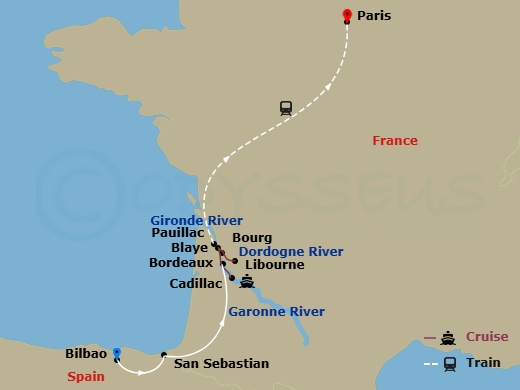 7 Night Taste Of Bordeaux With 2 Nights Bilbao, 2 Nights San Sebastian Pre-Cruise And 3 Nights Paris Post Cruise Route Map