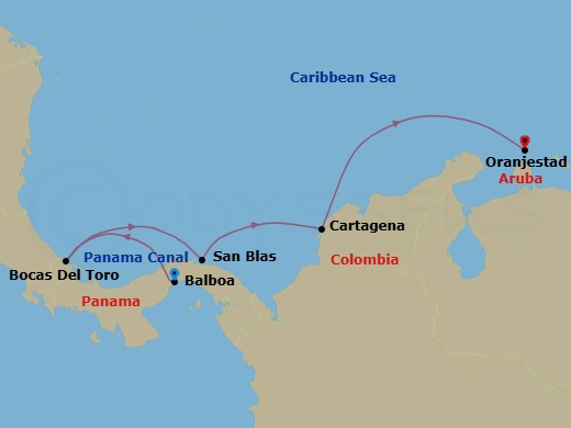 Panama Canal, Cartagena, San Blas Islands & More Route Map