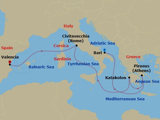 Mediterranean, 7 Nights Route Map