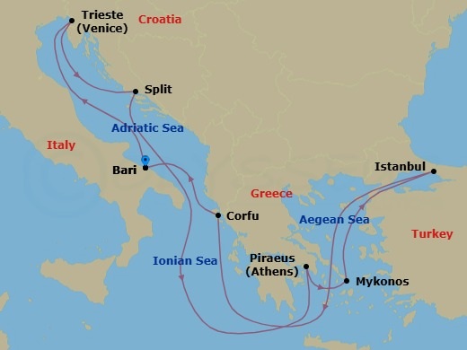 Mediterranean, 9 Nights Route Map