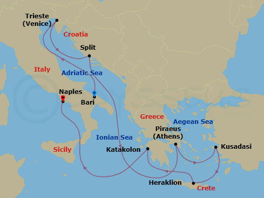 Mediterranean, 9 Nights Route Map