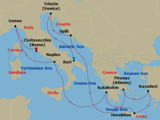 Mediterranean, 11 Nights Route Map