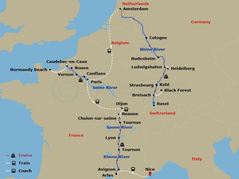 European Masterpiece: The Rhine, Seine & Rhône Revealed With 2 Nights In French Riviera Route Map
