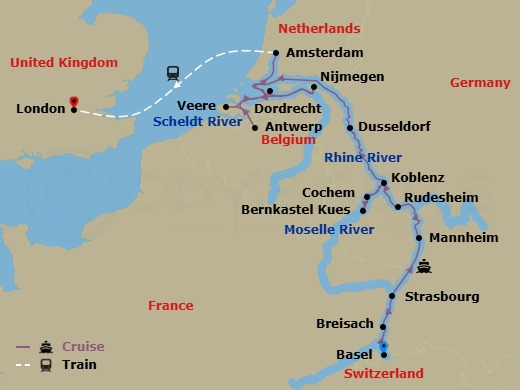 Romantic Rhine & Moselle With London Route Map
