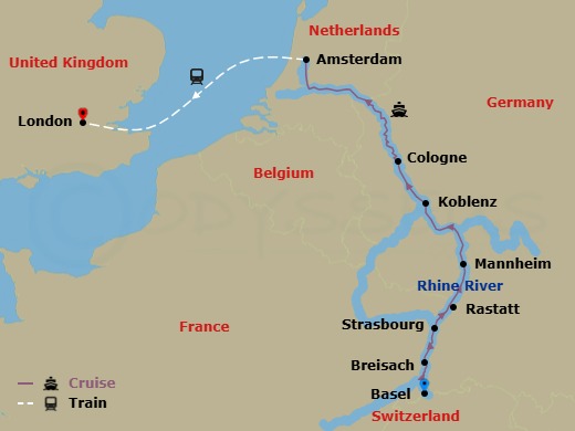 Rhine Highlights With London Route Map