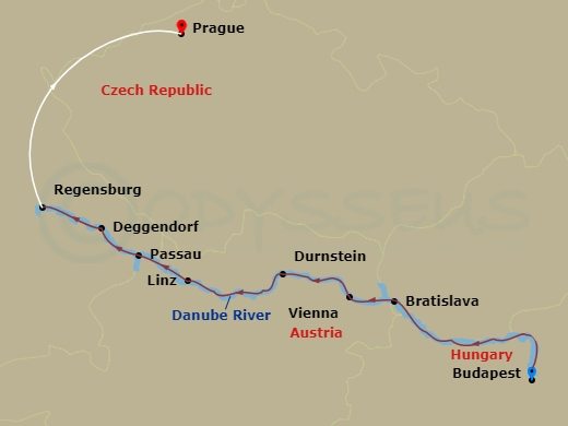 Danube Dreams With 2 Nights In Prague (Westbound) Route Map