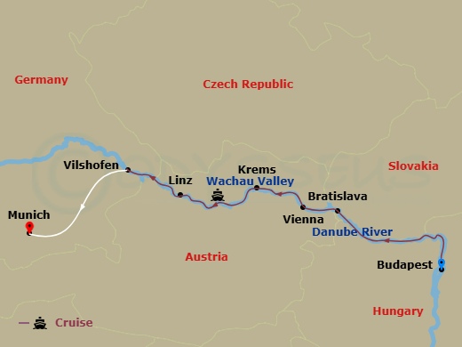 Danube Symphony With 2 Nights In Munich (Westbound) Route Map