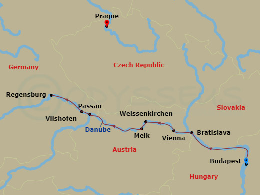 7 Night Melodies Of The Danube (Taste Of Christmas) With 2-Nights Budapest Pre-Cruise, 3 Nights Prague Post-Cruise Route Map