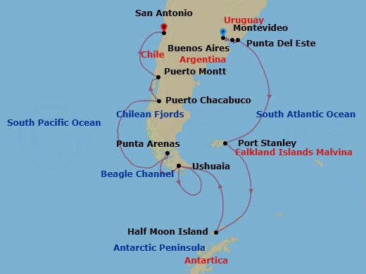 Antarctica & Chilean Fjords Cruise: Buenos Aires, Ushuaia & Santiago Route Map
