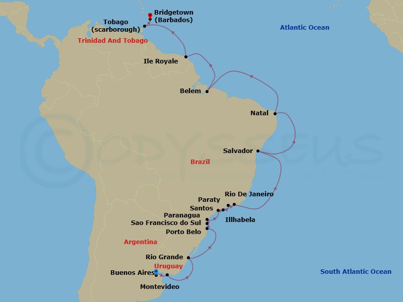 Brazil Intensive Combination Cruise: Sao Paulo, Rio De Janiero & Salvador Route Map