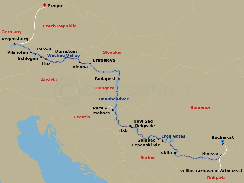 The Danube From Romania To Germany With 1 Night In Bucharest & 2 Nights In Prague Route Map