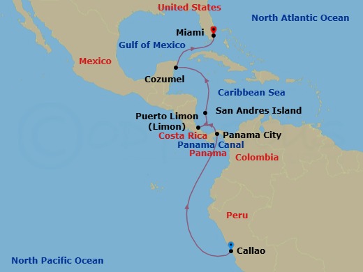 Peru & Central America: Lima, Panama City & Puerto Limon Route Map