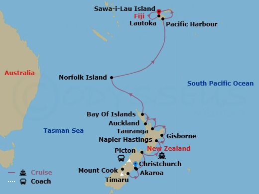New Zealand, Norfolk And Fiji Treasures - Cruise & Land Journey Route Map