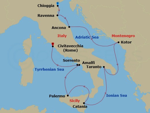 Italy Intensive Cruise: Venice, Sicily & Amalfi Route Map