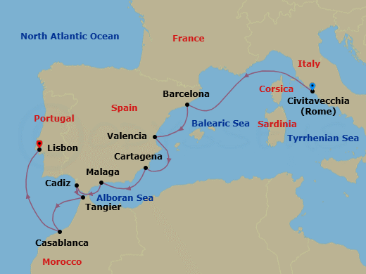 Civitavecchia To Lisbon Route Map