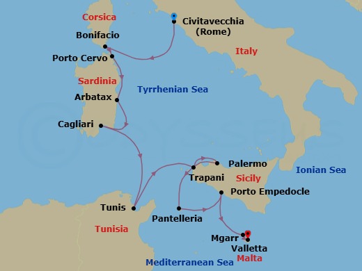 Unhurried Islands Of The Mediterranean: Corsica, Sardinia & Sicily Route Map